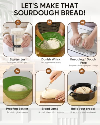 Image of Sourdough Starter Kit for Beginners, 34 oz Starter Jar with Scale Marking, 2 Silicone Proofing Baskets, Complete Bread Baking Kit with Guide & Recipes, Easy to Use & Clean - Green