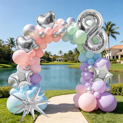Image of TONIFUL 8th Birthday Balloons Kit 40Inch Silver Large Number 8 Foil Balloon | with 18Inch Helium Mylar Heart Star Balloons for Kids Women Men Birthday Anniversary Graduation New Year Eve Party Decoration