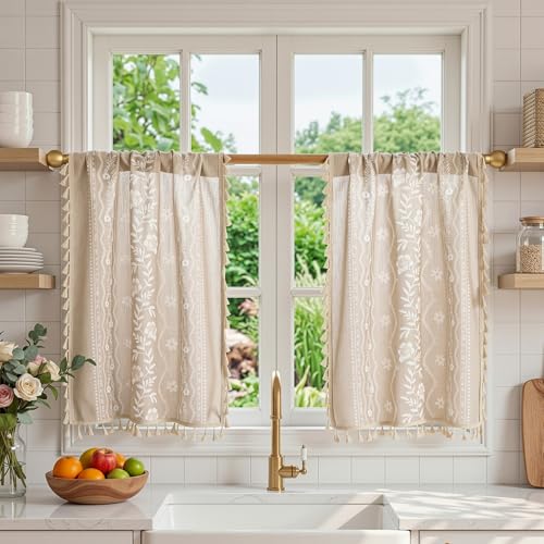 Image of MYSKY HOME Short Tiers Curtains 24 Inch Length Boho Floral Linen Blend | Small Cafe Window Tier Curtains for Farmhouse Vintage Drapes with Tassel Rod Pocket, Fog Taupe, 26 inch Wide, 2 Panels
