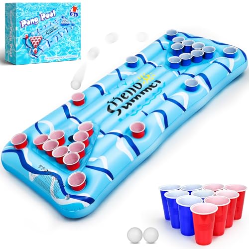 Popolic Jeux Piscine Pong Flottant 150×75 cm - Matelas Gonflable pour Piscine Adulte avec Porte-Gobelets, Piscines Gonflables Accessoires Incluant 24 Gobelets...