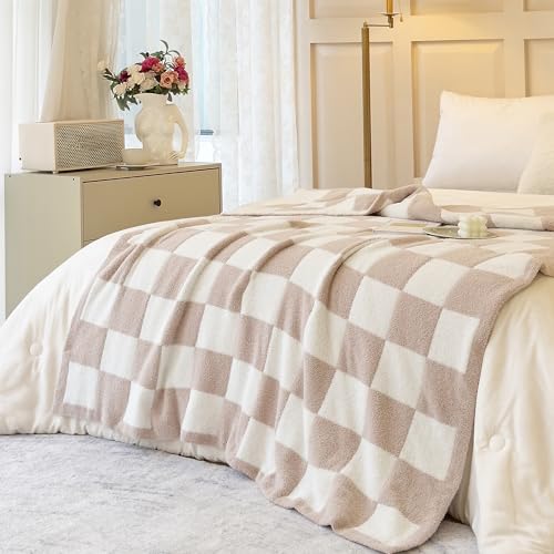 Image of Ultra Soft Cozy Checkered Knitted Throw Blanket Fluffy Microfiber Checkerboard Bed Blanket Lightweight Both Sides Blanket for Couch Sofa Bed (Cream, Throw 50 inchx60 inch)