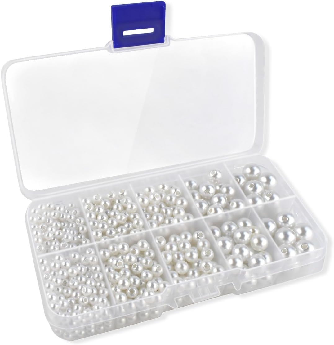 800 Pcs White Pearl Beads for Jewelry Making Pearls Bracelet Kit Loose Spacer Bead for Bracelets Necklace Crafts DIY 4mm 5mm 6mm 8mm 10mm Round Craft Bead with Hole Vase Decoration Supplies (White)