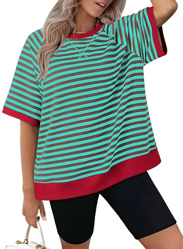 Zeagoo Women Striped T Shirts Oversized Crewneck Short Sleeve Tops Summer Casual Blouse Color Block Basic Tee S-XXL