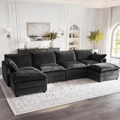 Image of 146 inch U-Shape Modular Sofa with 2 Ottomans, Deep Seat Cloud Convertible Sleeper, 2 Arm Pillows, Comfortable Large Upholstered Furniture for Living Room Apartment, Black