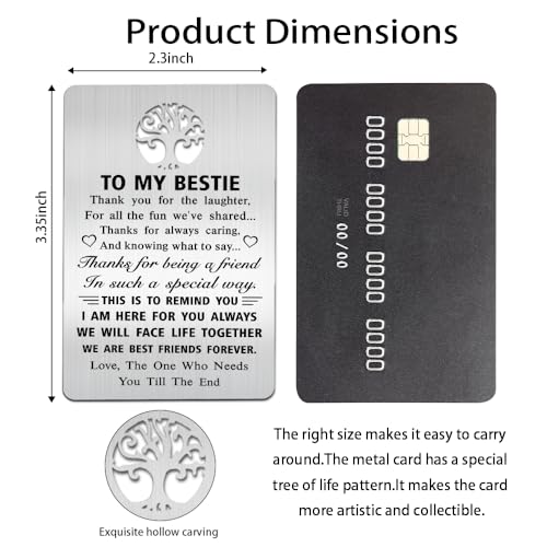 To My Bestie Wallet Card, Engraved Metal Wallet Insert Card from Bestie, Friendship Gift for Women, Birthday Thank You Friendship Gifts for Bestie Sister BFF2