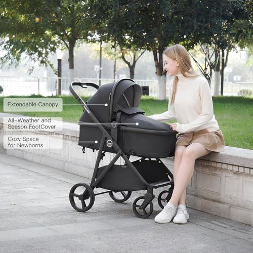 Image of Gromast 3-in-1 Baby Stroller, Convertible Stroller for Newborn Infant Toddler with Reversible Seat, UPF 50+ Canopy & Cup Holder - Black