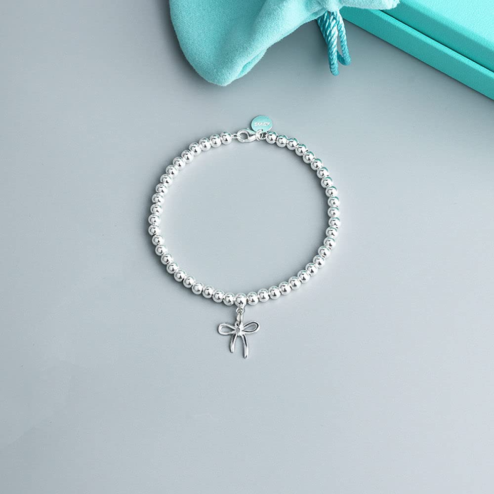 Silber Armband Damen 925,S925 Silber Armband Runde Perle Mit Schleife Anhänger Freundschaftsarmbänder Verstellbarer Charme Netter Modeschmuck Geschenk Für Frauen Mädchen