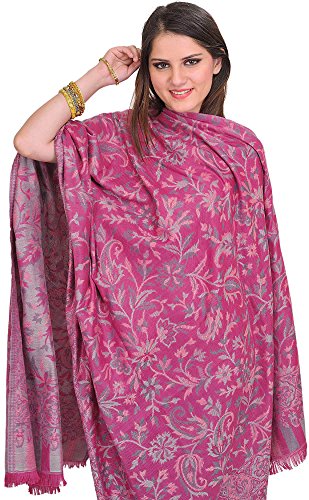 Exotic India Reversible Jamawar Shawl from Amritsar with Woven Flowers - Color Rose Violet