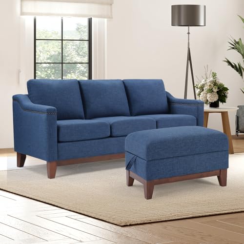 Image of 2 Piece Chenille Sofa Set with Nailhead Trim, Included 3-Seater Sofa Couches with Thicked Cushion and Upholstered Storage Ottoman with Flip-Top Table, Living Room Furniture Set,Blue