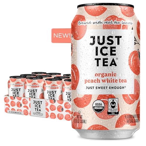 Image of Just Ice Tea, Peach White Iced Tea, 12-Pack (12oz Cans), USDA Certified Organic, Real Brewed, Low Calorie, No Artificial Sweeteners, Fair Trade, Made in USA. (Pack of 12, Peach White Tea)