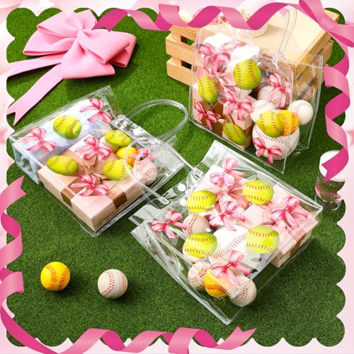 Image of Teenyyou 24 Pcs Softball Clear Gift Bag with Handles Plastic Soft Ball Goodie Sport Theme Party Favor Team Treat Bag with Pink Bow for Birthday Team Snack, 8 x 8 x 3.15 Inches