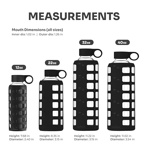 purifyou 40oz / 32oz / 22oz / 12oz Borosilicate Glass Water Bottle with Time & Volume Markers, Silicone Sleeve, Stainless Steel Lid | Reusable Glass Bottle for Water & Juice (12oz Jet Black)