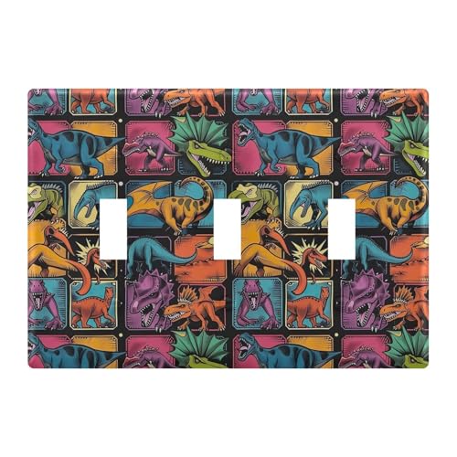 Light Switch Cover Dinosaurs Comic Book Style Wall Plates for Electrical Outlets 3 Gang 202b5835