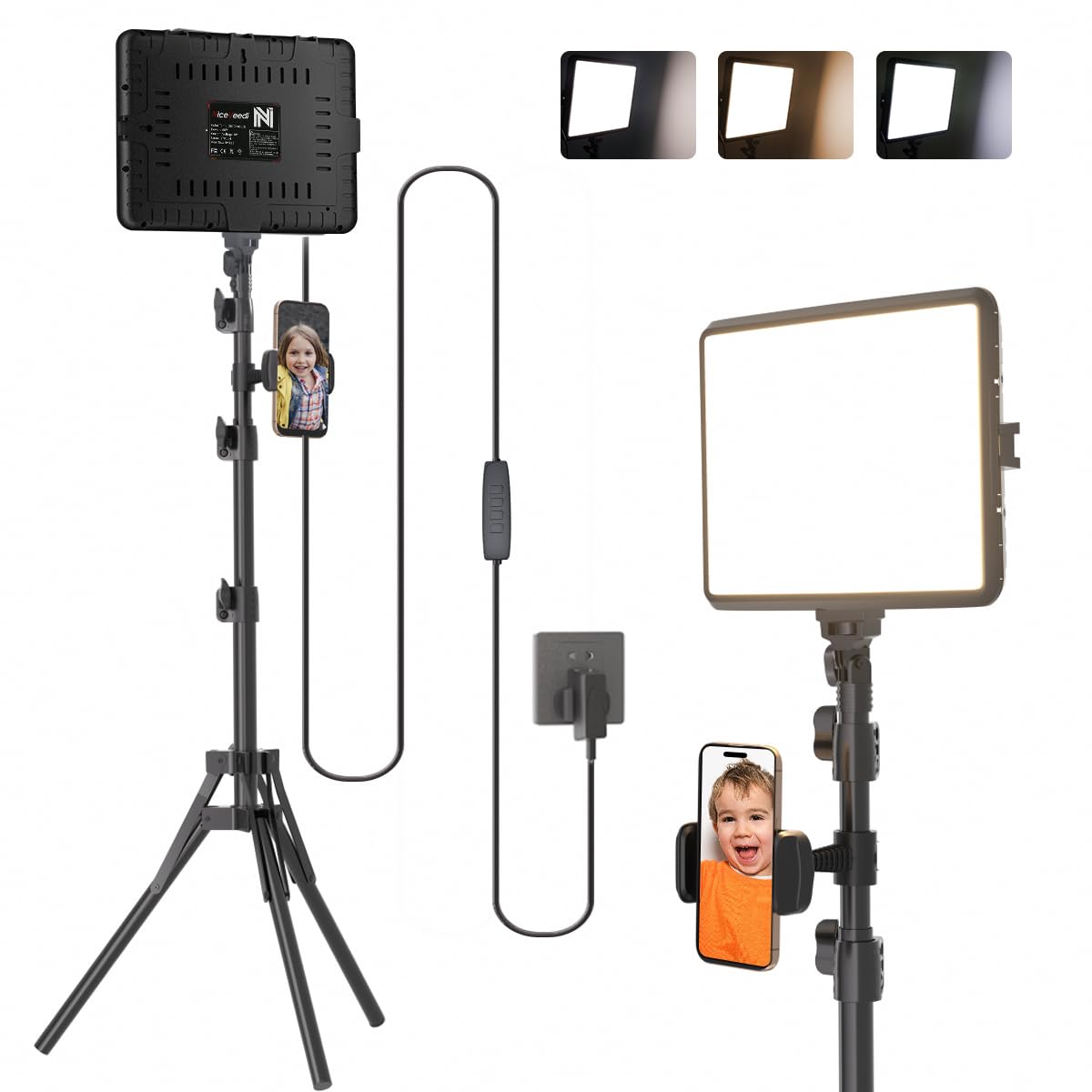 Niceveedi, kit di illuminazione per fotografia, 25 x 20 cm, luce LED per studio video, luce dimmerabile da 15 W, per registrazione video, streaming selfie e ritratti interni, luce con treppiede