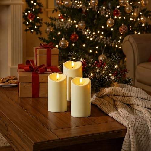 Image of Raycare 6 inchx3 inch Outdoor Waterproof Flameless Candles with Remote and Timer, Battery Operated LED Electric Fake Pillar Candle for Christmas Home Wedding Decor, Dark Ivory, Set of 2