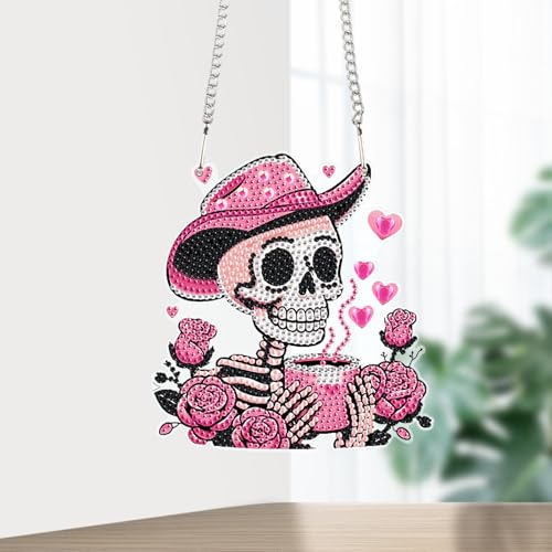 Image of AiYuanzsh DIY 5D Diamond Art Hanging Rose Skull, Pink Skeleton Wall and Door Pendant, Diamond Painting Ornament with Rhinestones for Halloween, Western, Valentine's Day Home Decor