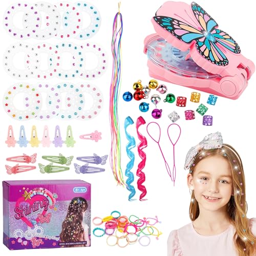 Girls Hair Gem Rhinestone Tassel Kit with Hair Clips & Diamond Stapler Multi-Functional Hair Embellishment Tool with Decorative Extensions for Sparkling Party and Daily Styles