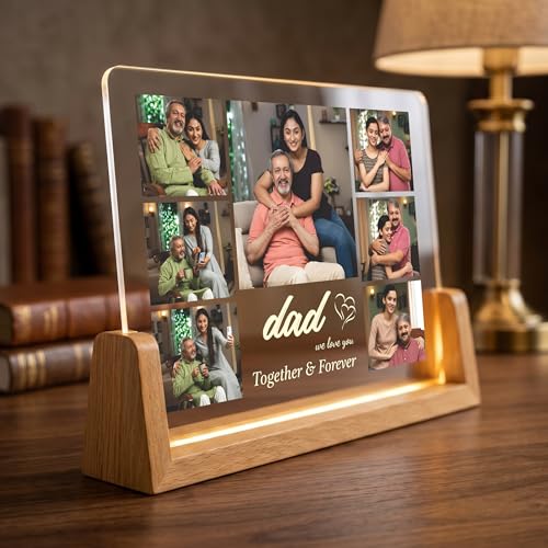 Image of Giftplease Customized Acrylic Photo Frame with LED Light Base | Personalized 7-Photo Collage | Custom Text Night Light | Ideal Birthday, Anniversary, Father, Parents, Family