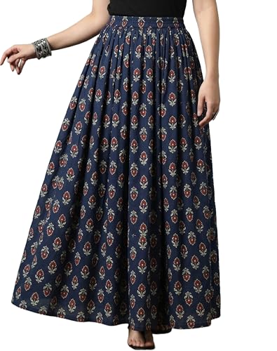 Image of Women's Floral Print Maxi Skirt, Maroon Red, 100% Pure Cotton, Elastic Waist, Full Length, Breathable Fabric