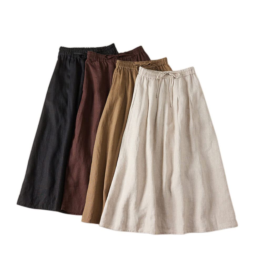 Gonne da Donna,Gonna Midi da Donna Nera Elastico Vita Alta Retro Cotone Lino Gonna A Pieghe con Lacci con Tasche A-Line al Ginocchio Increspato Gonna Lunga per Ragazze Signore,M