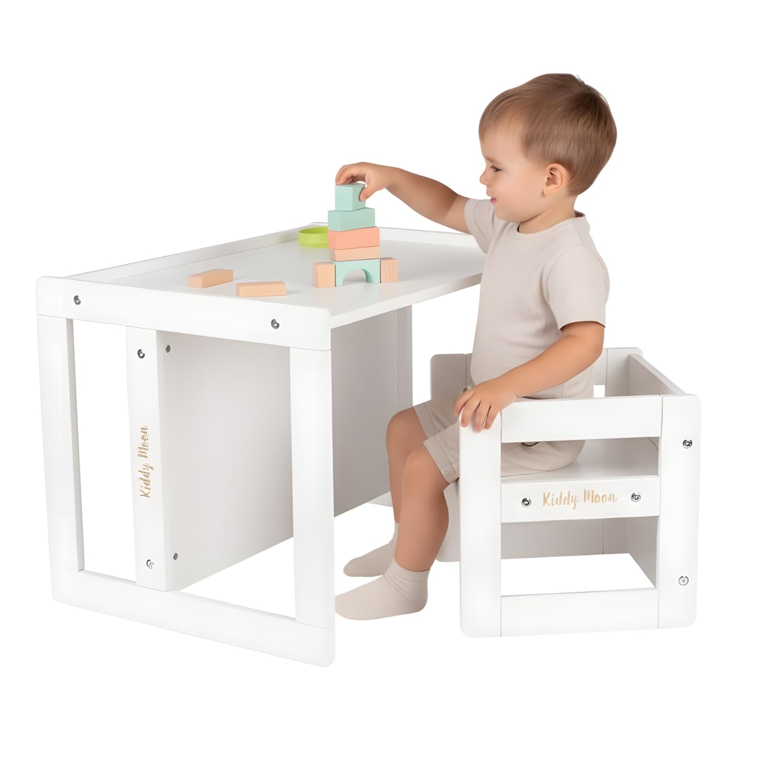 KiddyMoon Tavolo Per Bambini 2 In 1 Set Con Sedia Bordi Arrotondati Facile Da Pulire, Bianco