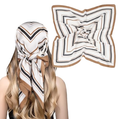EXTREE Fashion Silky Satin Headscarf for Women Girls: Exquisite Pattern Lightweight Silk Graceful Scarfs 27.5 x 27.5 inches Khaki Stylish