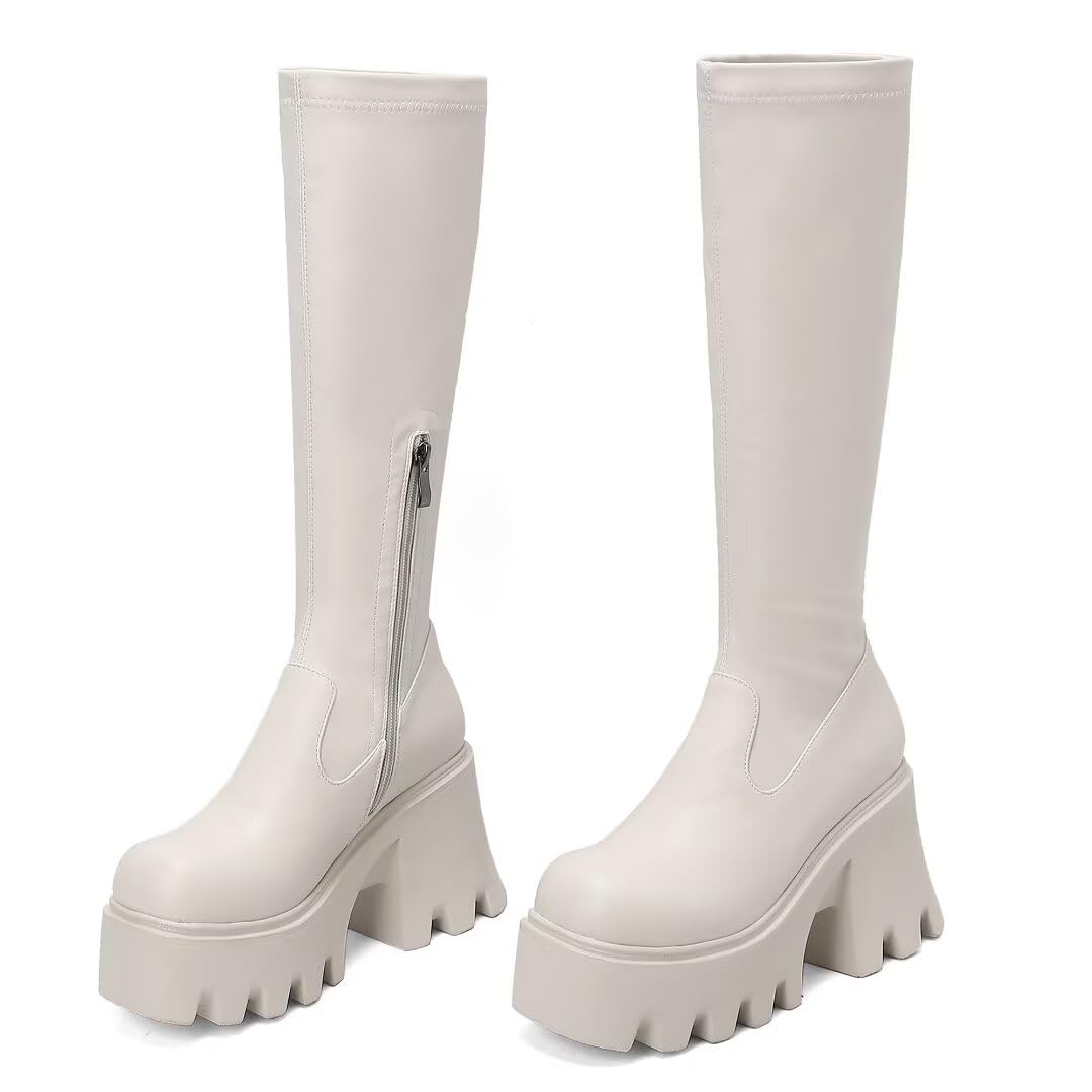 WUDPUNDR Knee High Platform Boots for Women Chunky Heel Round Toe High Heeled Knee Tall Boots Not for Wide Calf