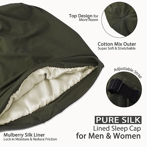 Hat Hut 100% Mulberry Silk Lined Sleep Cap Pure Silk Bonnet for Curly Hair Wrap Bonnet for Sleeping Slouchy Beanie (Green) - Image 3