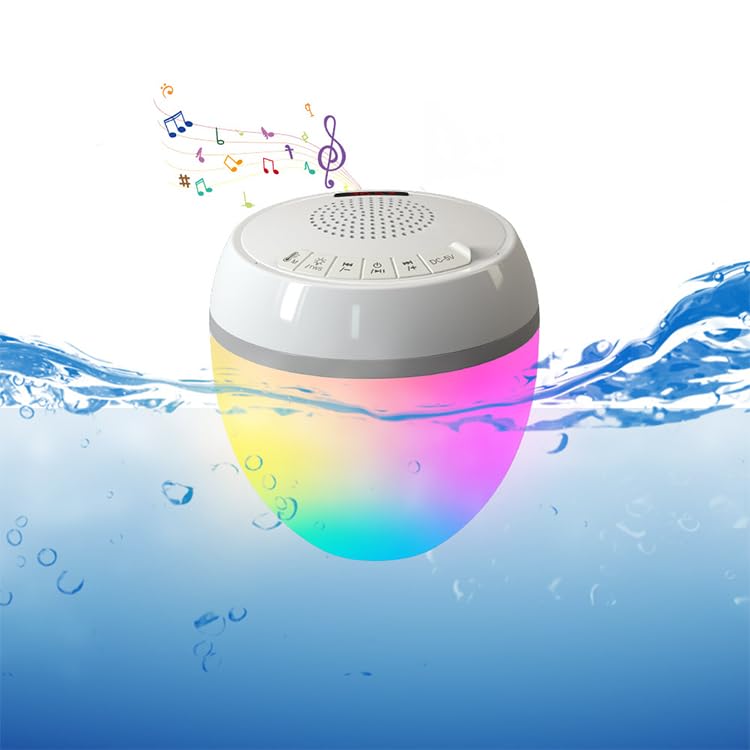 Schwimmender Bluetooth-Lautsprecher für Pool mit Thermometer und LED-Beleuchtung, IP68, 8 Lichtmodi, 360°-Stereo-Sound, TWS, Reichweite 25 m, Akku 2000 mAh