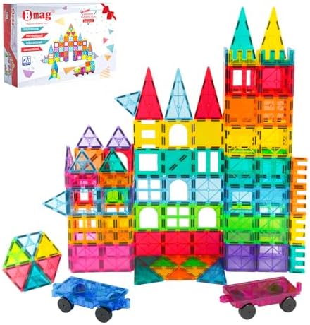 Bmag 130PCS Magnetic Tiles Building Blocks with 2 Cars | 3D Clear...