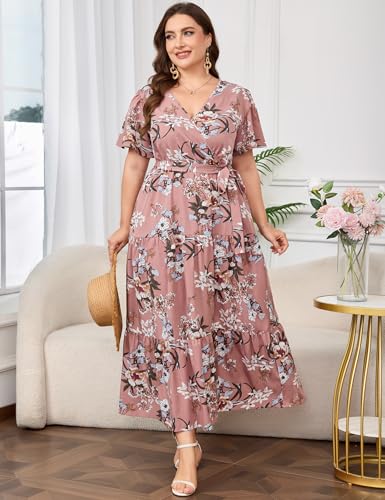 Image of ShopWonder Womens Plus Size V Neck Wrap Maxi Dress High Waist Ruffle Summer Casual Dress with Belt