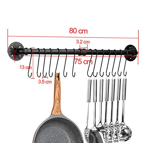 Toplife 31.5 Inch Pot Rack, Kitchen Wall Mounted Detachable Pan Lid Utensils Organizer Hanging Rail With 14 Hooks, Black #TOP1