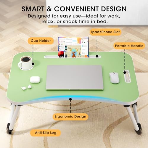 Image of Folding Lap Desk, 23.6 Inch Wood Laptop Bed Desk with Cup Holder, Portable Bed Table for Working Writing Reading & Eating for Bed, Sofa, Couch, Floor - Green