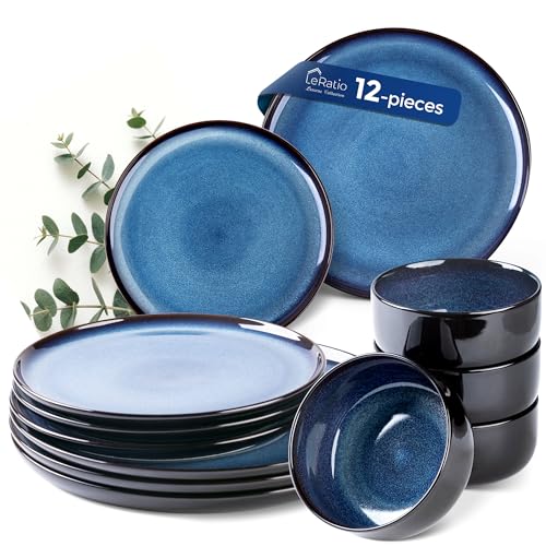 Image of LERATIO Ceramic Dinnerware Sets for 4,12 Pieces Poreclain Plates and Bowls Sets,Scratch Resistant Dishes,Dishwasher & Microwave Safe,Oven Safe Dishes Set,Service for 4 - Blue