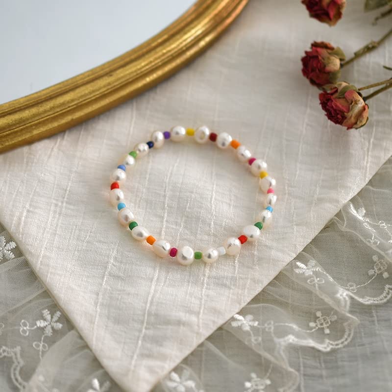 Girls Accessories Pulsera de Perlas Naturales de Agua Dulce para niña, Hechos a Mano nuevos, Pulsera Bohemia para Mujer, Pulsera elástica de Color Caramelo Birthday Gift