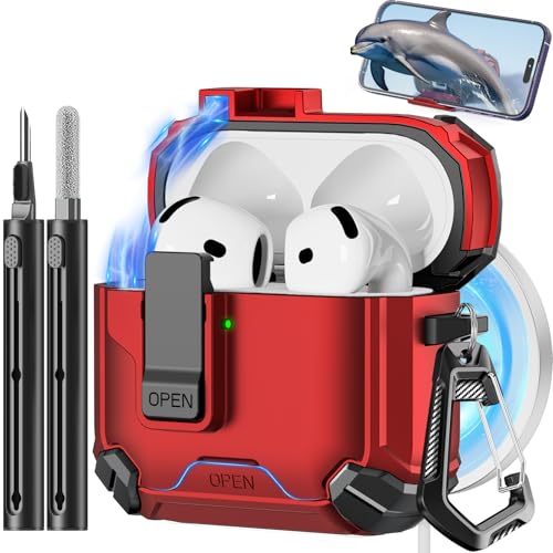 Image of Pohgelan Compatible with AirPods 4 Case (Red) | Magnetic Automatic Lock with Phone Stand & Cleaning Kit,Compatible with Magsafe