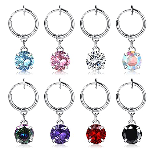 FIBO STEEL 8Pcs Fake Belly Rings Clip on Belly Button Rings Surgical Steel Non Piercing Dangle Navel Rings Fake Belly Piercing Jewelry