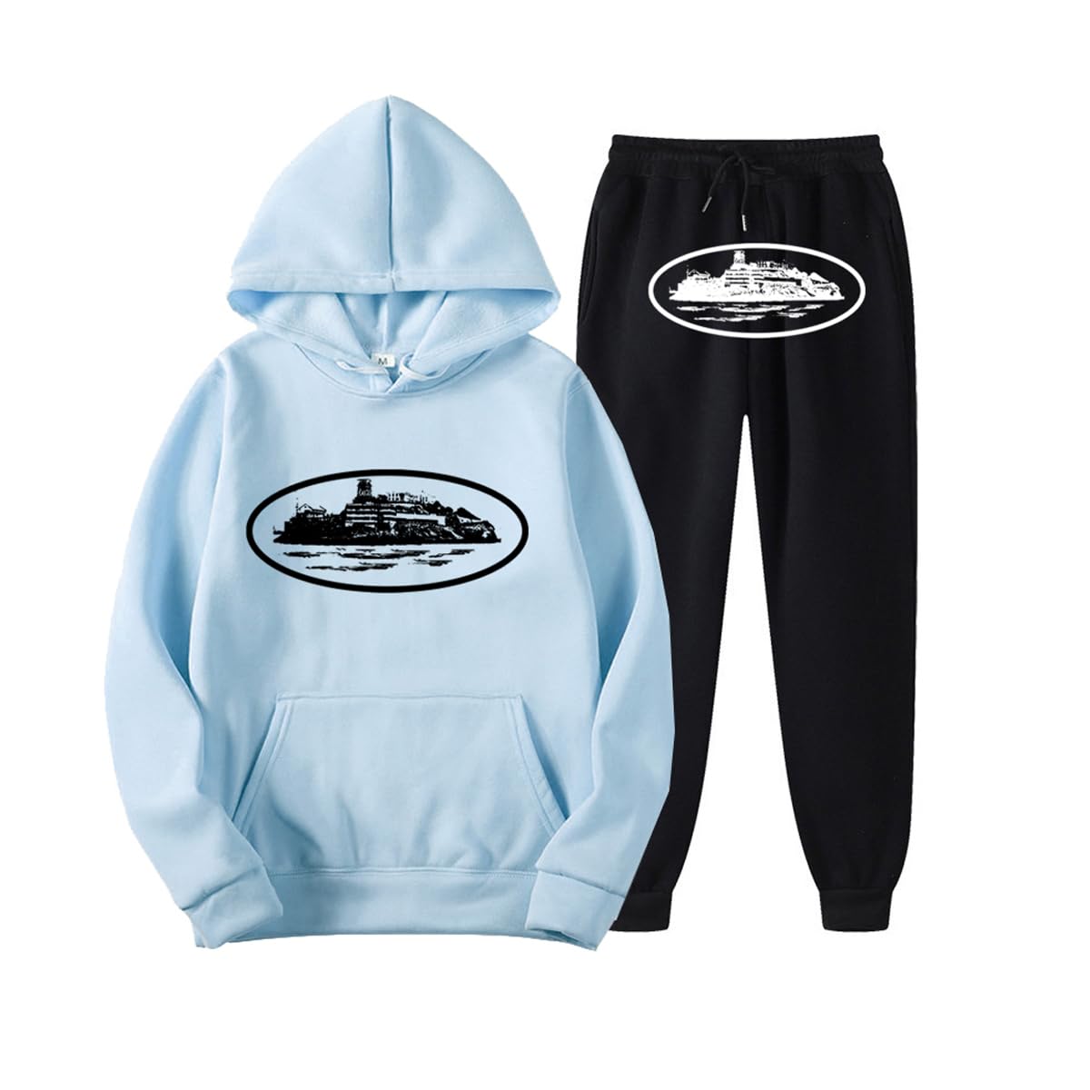 LIAOPUFUS Men's Tracksuits Corteiz Popular Streetwear Hoodie and Pants Set Sports Autumn Music Suits Unisex (001 light blue b, S)