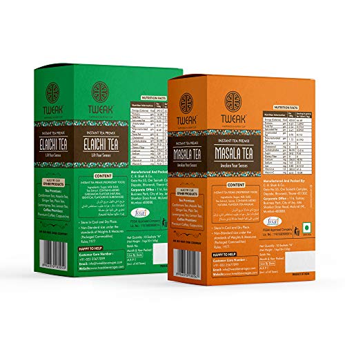 Image of Tweak Instant Tea Premix Masala and Elaichi Tea Sachet Combo (20 Sachets) |Desi Indian Chai Tea Premix Powder | (16g X 10 Sachets in One Pack) (Pack of 2, Masala Chai + Elaichi Tea)