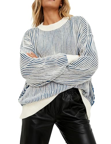 Image of Beyond Chenille Sweater for Women 2026 Winter Crew Neck Pullover Sweater Color Block Knit Tops
