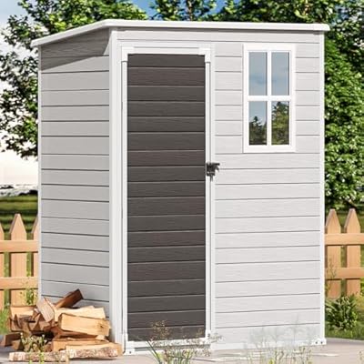 WACASA Storage Shed 4X6 FT,Resin Outdoor Storage Shed with Floor & Lockable Doors, All Weather Plastic Lean to Shed with Window and Vents, Garden Tool Shed for Bike,Toy,Lawnmower (Gray)