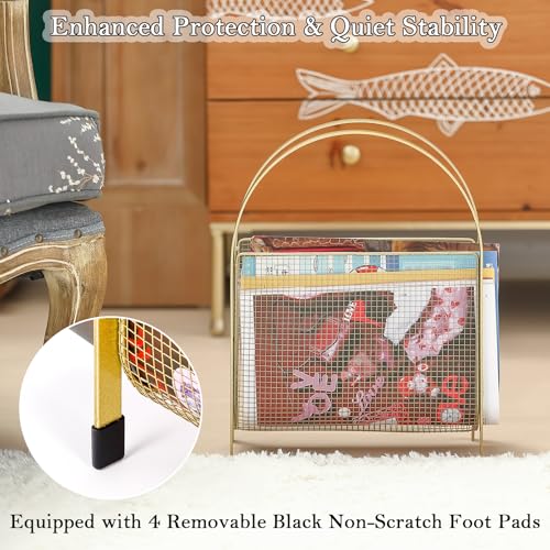 Gold Metal Magazine Rack, Floor Mesh Magazine Holder for Living Room Bathroom Office – Modern Storage Organizer for Newspapers Books & Mail, with Non-Scratch Foot Pads - Image 5