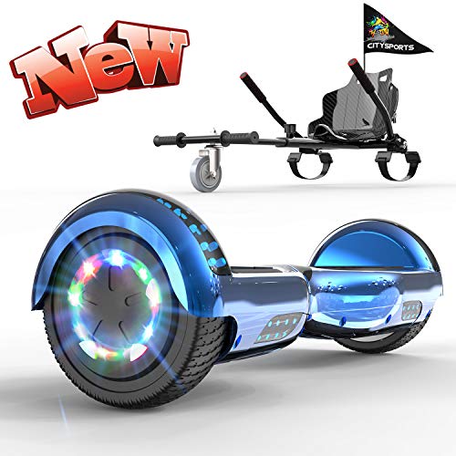 GeekMe Hoverboards 6.5 Inches with go kart seat, Segway hoverkart with LED Lights - Bluetooth Speaker - Flashing Wheels, Gift for kids and adults! (Blue-Black kart New)