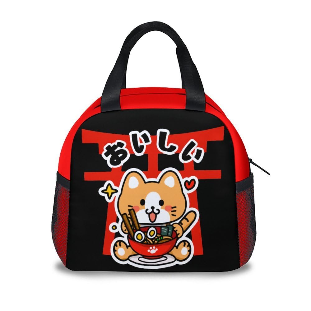 Mercuryelf Japanese Ramen Cat Anime Lunch Bag for Women Men, Insulated Lunchbox for Adult, Black Cute Lunch Bags Reusable, Small Foldable Lunchbag for Work School