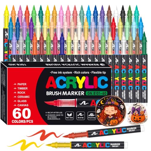 Image of Acrylic Paint Markers, Soft Brush Tip Pens and Markers, Acrylic Paint Pens for Wood, Stone, Canvas, Glass, Fabric, Egg, Rock Painting and DIY Craft Art Supplies (60)