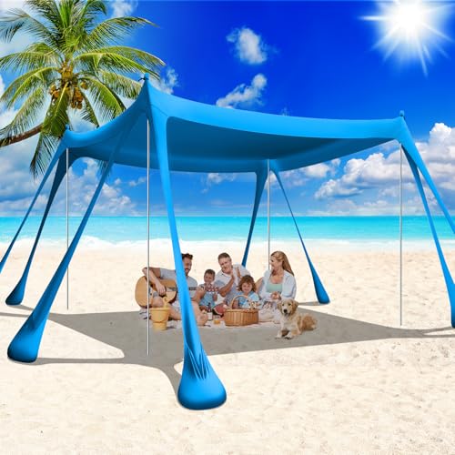 Large Beach Tent Canopy Pop Up Shade 10x10ft Sun Shelter Portable with UPF50+ UV Protection 8 Sandbags 4 Aluminum Poles 2 Sand Shovel Ground Pegs Carrying Bag for Outdoor Camping Fishing Yard Picnics