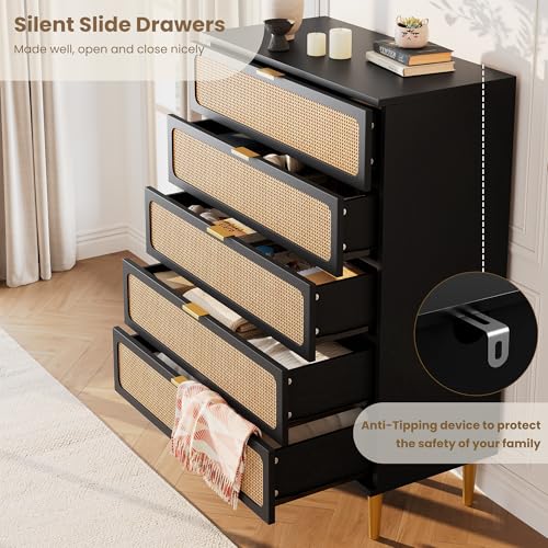 GarveeHome Rattan 5 Drawer Dressers for Bedroom, Tall Dresser with Deep Drawers, Large Chest of Drawers for Closet with Wide Top, Long Wooden Dresser for Living Room, Hallway, Kids Room, Black