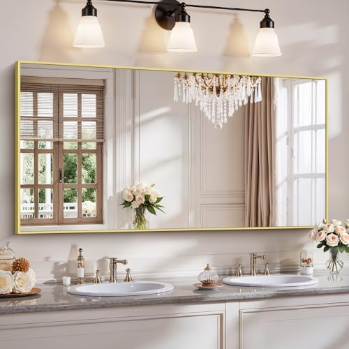 YIROMAN Bathroom Mirror 60'x30', Large Brushed Gold Bathroom Mirror for Over Sink with Aluminum Frame, Rectangular Vanity Mirror with Right Angle, Wall Mirror Hangs Horizontal or Vertical