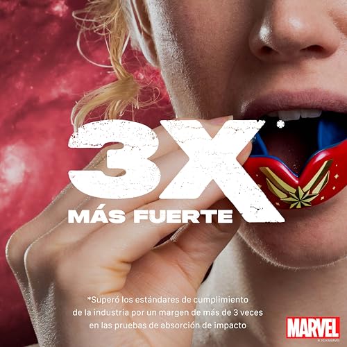 Imagen demostrativa del protector bucal Marvel, resaltando su capacidad de absorción de impactos tres veces más fuerte que los estándares de la industria