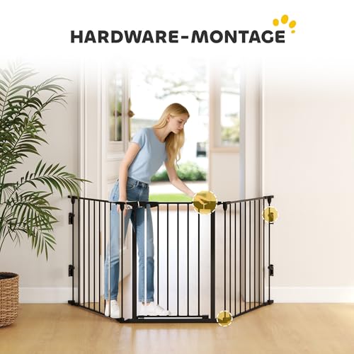 PawHut Welpenauslauf 5-TLG Klappbar Absperrgitter Hund mit Tür, DIY Welpenlaufstall Kaminschutzgitter Ofenschutzgitter für kleine und mittelgroße Hunde, 300 x 74,5 cm, Metall, Schwarz